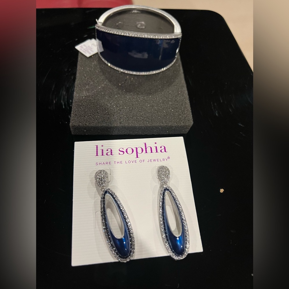 Lia Sophia matching set - blue rhinestone dangle earrings and bangle bracelet